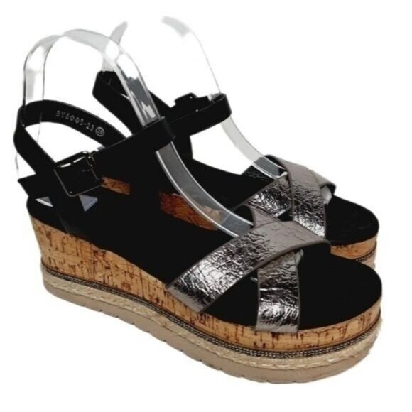 LORA FERRES Patform Wedge Sandals Strappy Black & Silver Sz Eur 38 | US 8 - Picture 1 of 12